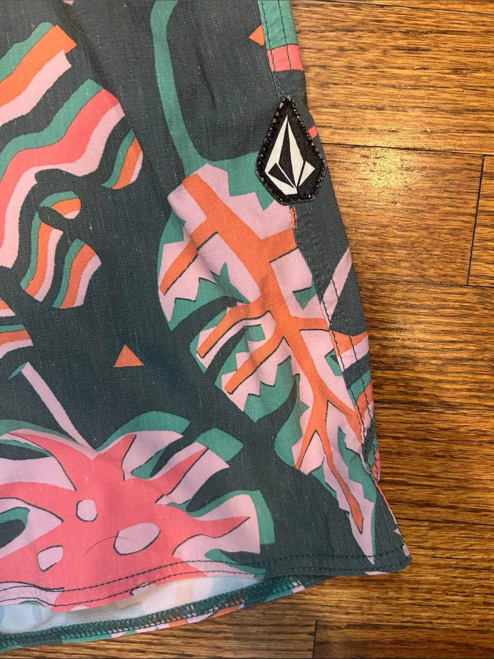 Volcom Dark Green Swim Shorts with Coral & Mint Tropical Print - Size 32